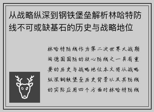 从战略纵深到钢铁堡垒解析林哈特防线不可或缺基石的历史与战略地位