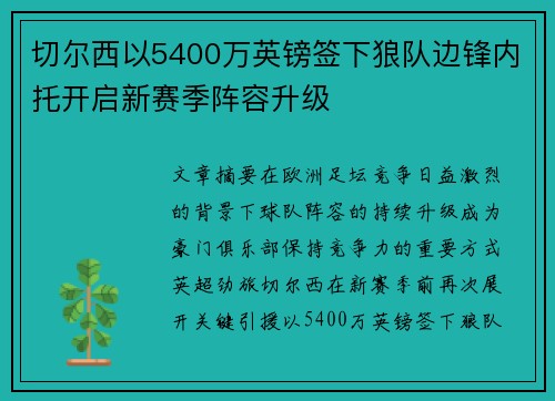 切尔西以5400万英镑签下狼队边锋内托开启新赛季阵容升级