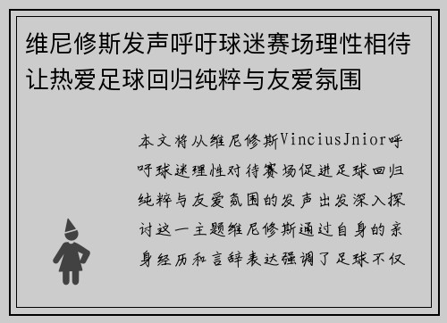 维尼修斯发声呼吁球迷赛场理性相待让热爱足球回归纯粹与友爱氛围