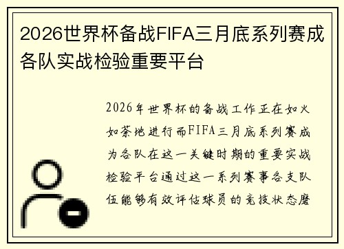 2026世界杯备战FIFA三月底系列赛成各队实战检验重要平台